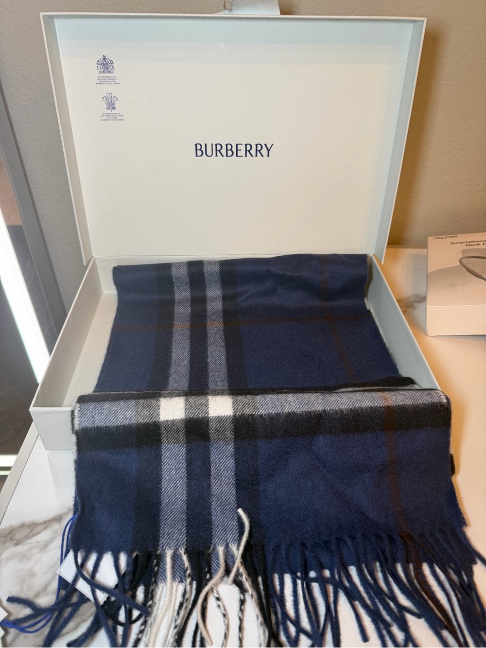 Burberry Navy Black and White Plaid Wool Scarf - Picture 2 of 3